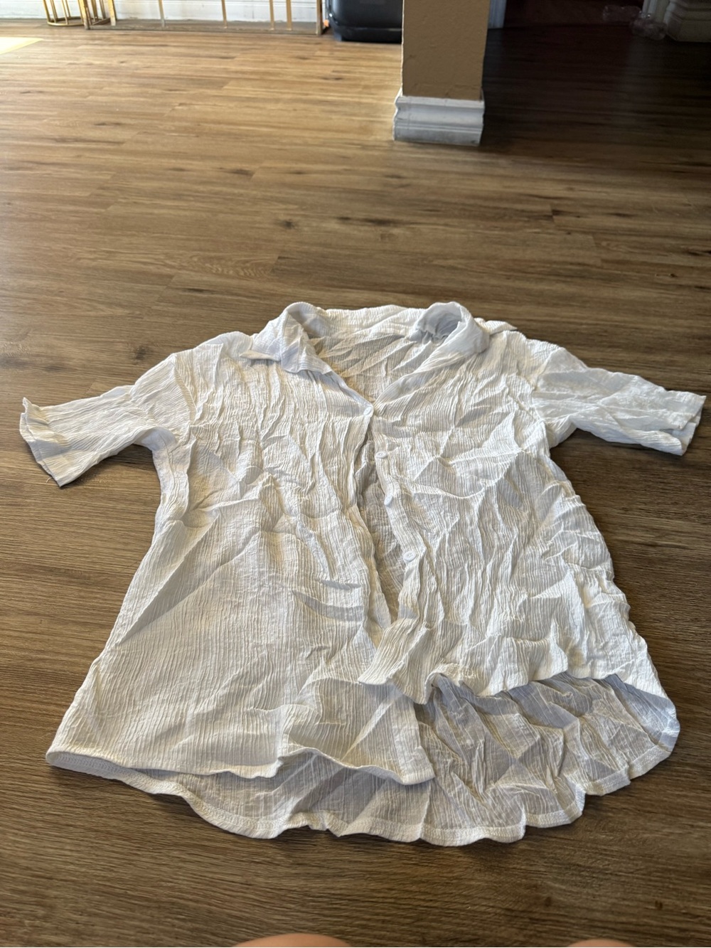 Crisp White Crinkle Button-Front Tunic Top